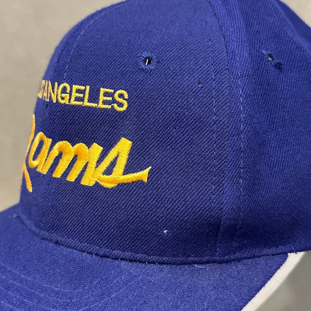 Vintage Los Angeles Rams Snapback Hat Blue Yellow NFL Script Embroidered Cap